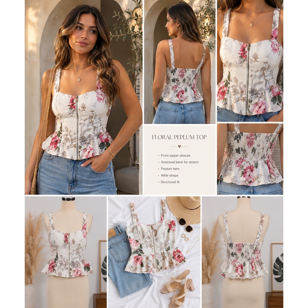 Triple Seven Floral Peplum Top Pink Cream Smocked Back Zip Front Corset Style L
